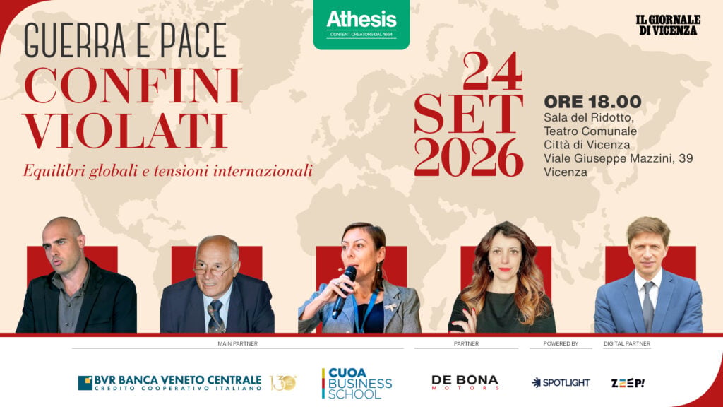 Locandina dell'evento Guerra e Pace 2026 dedicato ai nuovi equilibri geopolitici e alle tensioni internazionali in programma a Vicenza il 24 settembre 2026