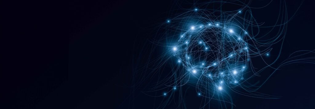 Rappresentazione grafica di una rete di connessioni interconnesse che simboleggia la gestione della complessità, l'innovazione e la leadership.