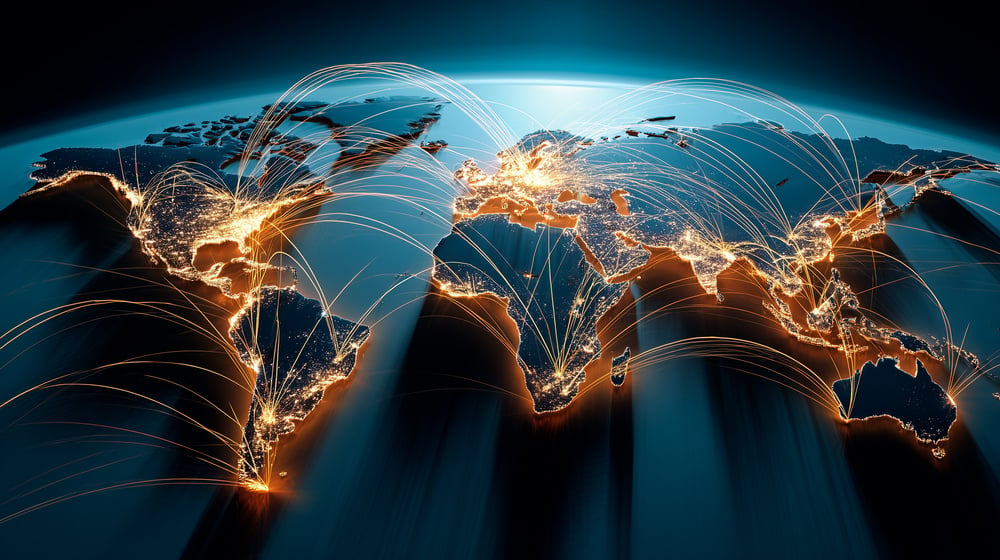Mappa digitale globale che rappresenta l'impatto dell'intelligenza artificiale su geopolitica, tecnologia e supply chain internazionali